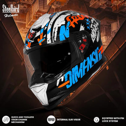 Steelbird SBH-57 Fighter F10 Graphic Helmet ISI and DOT Certified Full Face Helmet for Men with Inner Silver Sun Shield (Glossy Black Blue Orange)