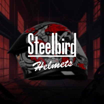 Steelbird SBH-57 Fighter F10 Graphic Helmet ISI and DOT Certified Full Face Helmet for Men with Inner Silver Sun Shield (Glossy Black White Red)