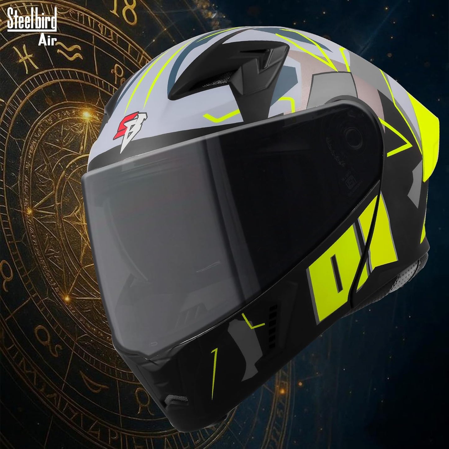 Steelbird SBA-20 01 ISI Certified Flip-Up Graphic Helmet for Men with Inner Chrome Sun Shield (Glossy Black Neon)