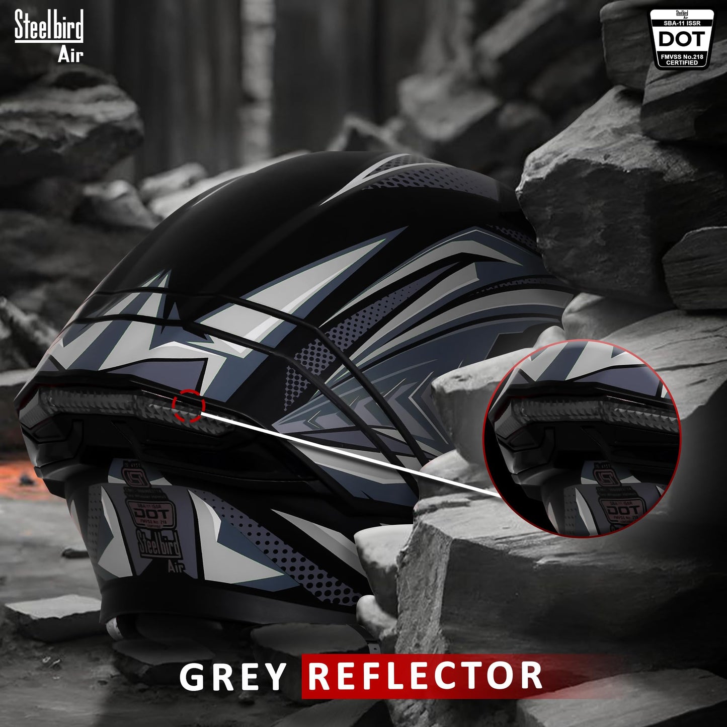 Steelbird SBA-11 Tornado Grey Reflector ISI and DOT Certified Full Face Helmet for Men and Women with Inner Silver Sun Shield (Glossy Black Grey with Smoke Visor)