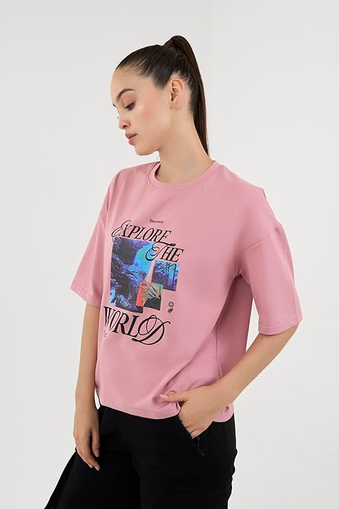 DCYPHR Discovery Women's Explore The World Graphic Tee- Dusk Pink
