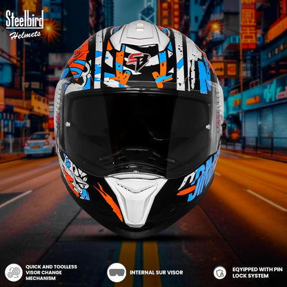 Steelbird SBH-57 Fighter F10 Graphic Helmet ISI and DOT Certified Full Face Helmet for Men with Inner Silver Sun Shield (Glossy Black Blue Orange)