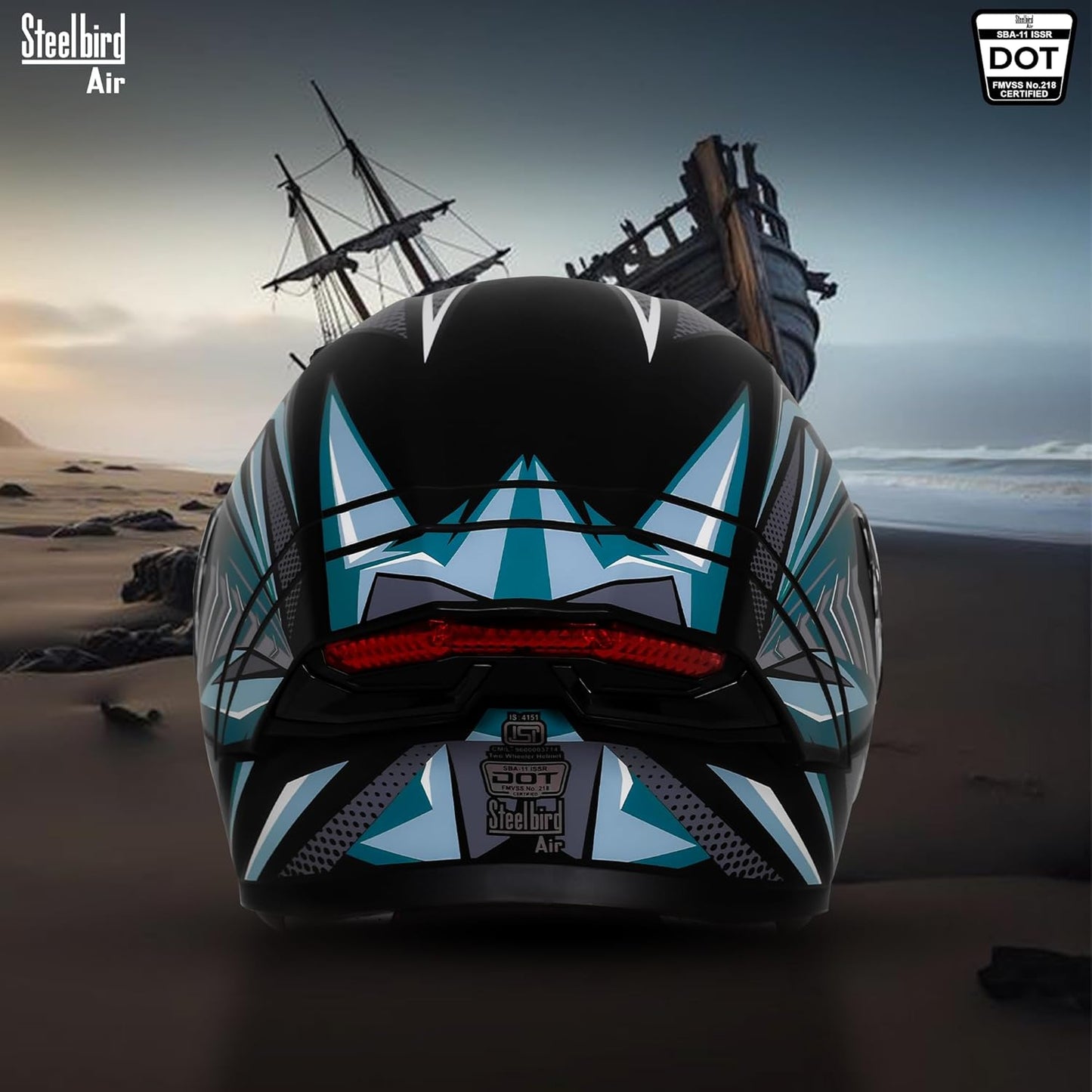 Steelbird SBA-11 Tornado Red Reflector ISI and DOT Certified Full Face Helmet for Men and Women with Inner Silver Sun Shield (Glossy Black Sea Green with Smoke Visor)