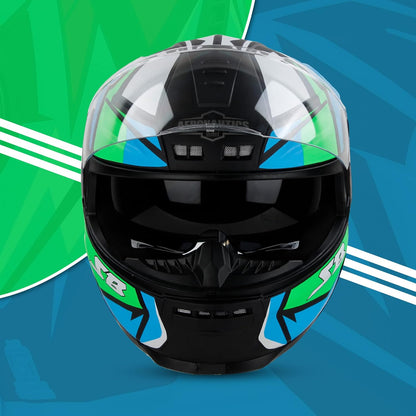 Steelbird SBH-40 Decode ISI Certified Full Face Graphic Helmet for Men and Women with Inner Sun Shield (Matt Black Green)