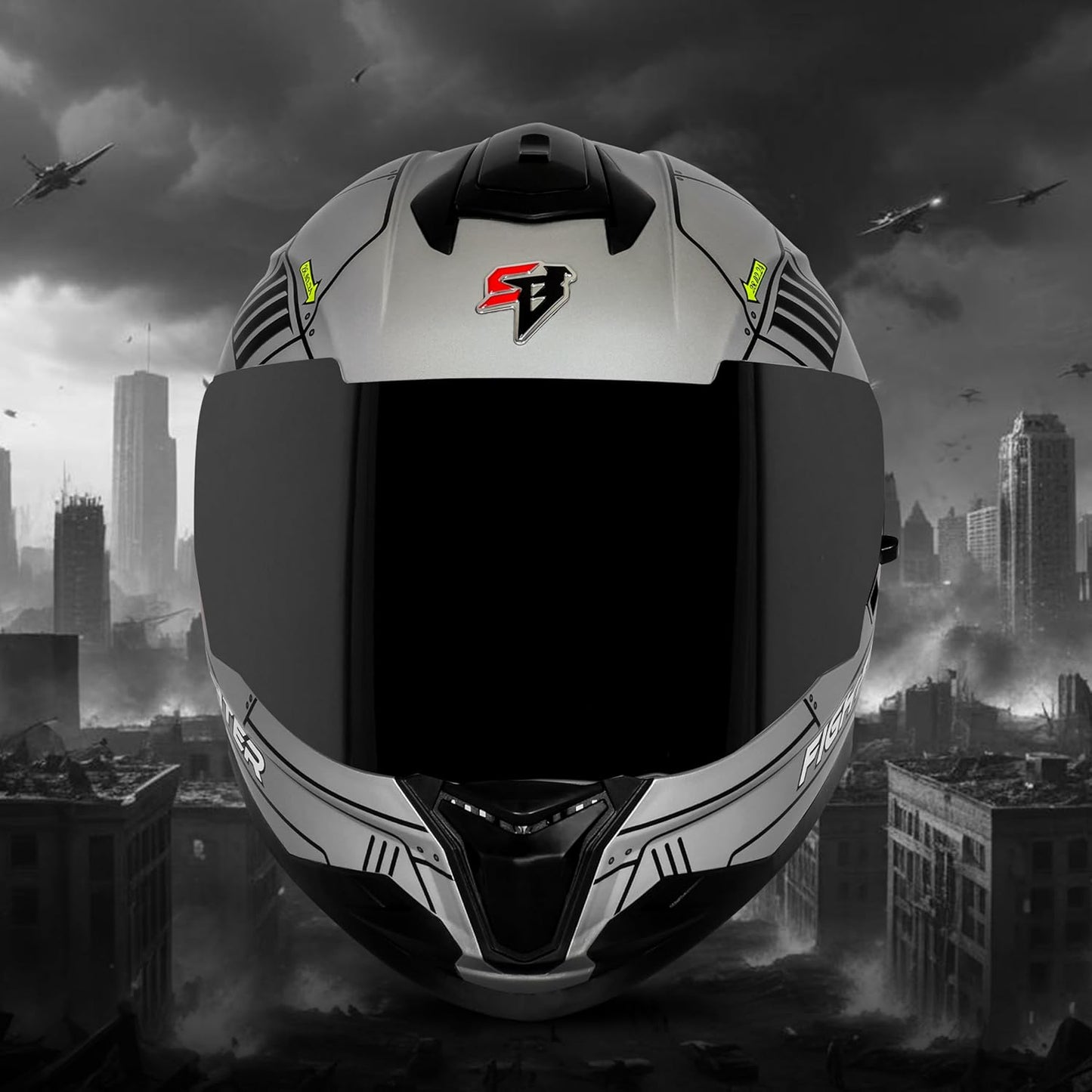 Steelbird SBH-57 Fighter F6 ISI and DOT Certified Full Face Helmet for Men and Women with Inner Silver Sun Shield (Glossy Silver Black)