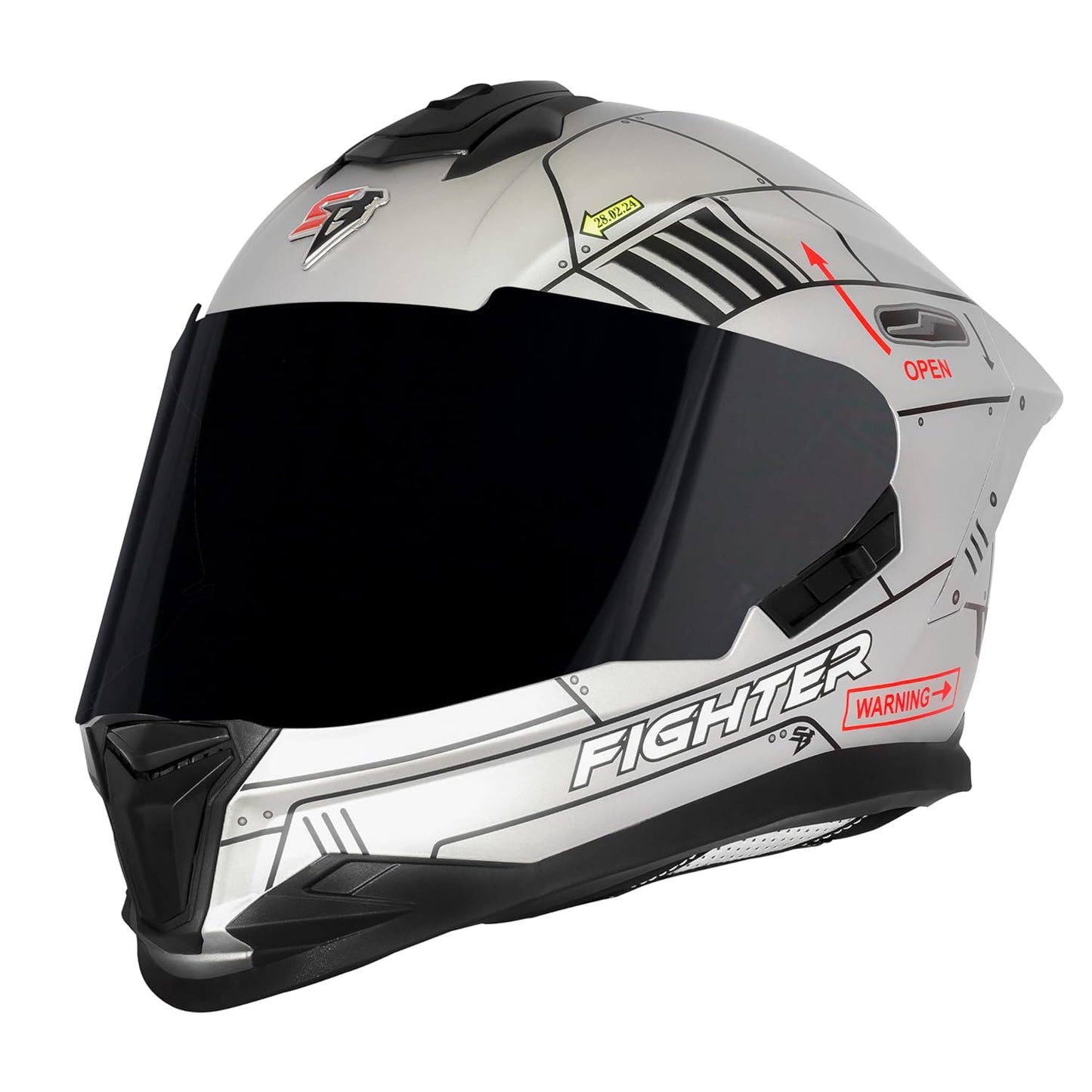 Steelbird SBH-57 Fighter F6 ISI and DOT Certified Full Face Helmet for Men and Women with Inner Silver Sun Shield (Glossy Silver Black)
