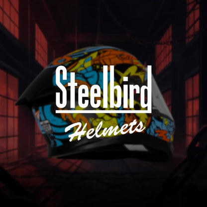 Steelbird SBH-57 Fighter F10 Graphic Helmet ISI and DOT Certified Full Face Helmet for Men with Inner Silver Sun Shield (Glossy Black Neon Orange)