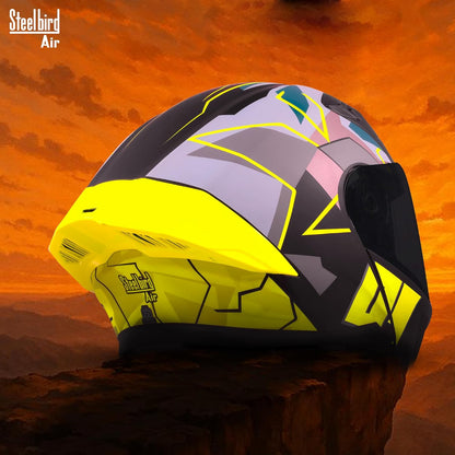 Steelbird SBA-20 01 ISI Certified Flip-Up Graphic Helmet for Men with Inner Chrome Sun Shield (Glossy Black Neon)