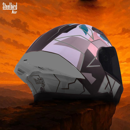 Steelbird SBA-20 01 ISI Certified Flip-Up Graphic Helmet for Men with Inner Chrome Sun Shield (Glossy Black Grey)