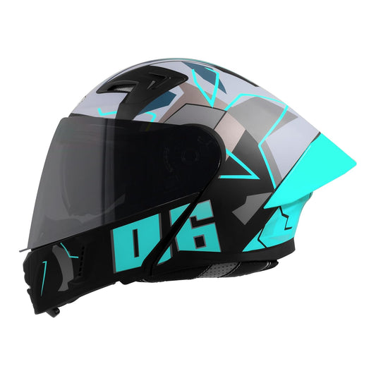 Steelbird SBA-20 06 ISI Certified Flip-Up Graphic Helmet for Men with Inner Chrome Sun Shield (Glossy Black Cyan Green)
