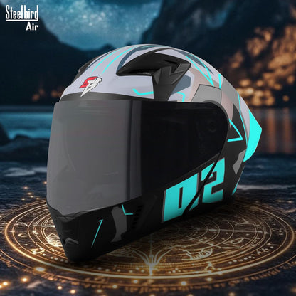 Steelbird SBA-20 02 ISI Certified Flip-Up Graphic Helmet for Men with Inner Chrome Sun Shield (Glossy Black Cyan Green)