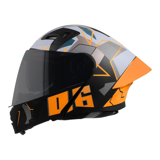 Steelbird SBA-20 06 ISI Certified Flip-Up Graphic Helmet for Men with Inner Chrome Sun Shield (Glossy Black Orange)