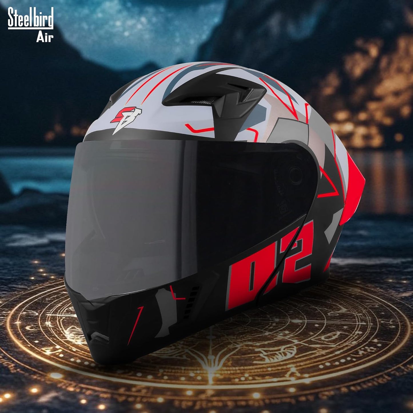 Steelbird SBA-20 02 ISI Certified Flip-Up Graphic Helmet for Men with Inner Chrome Sun Shield (Glossy Black Red)