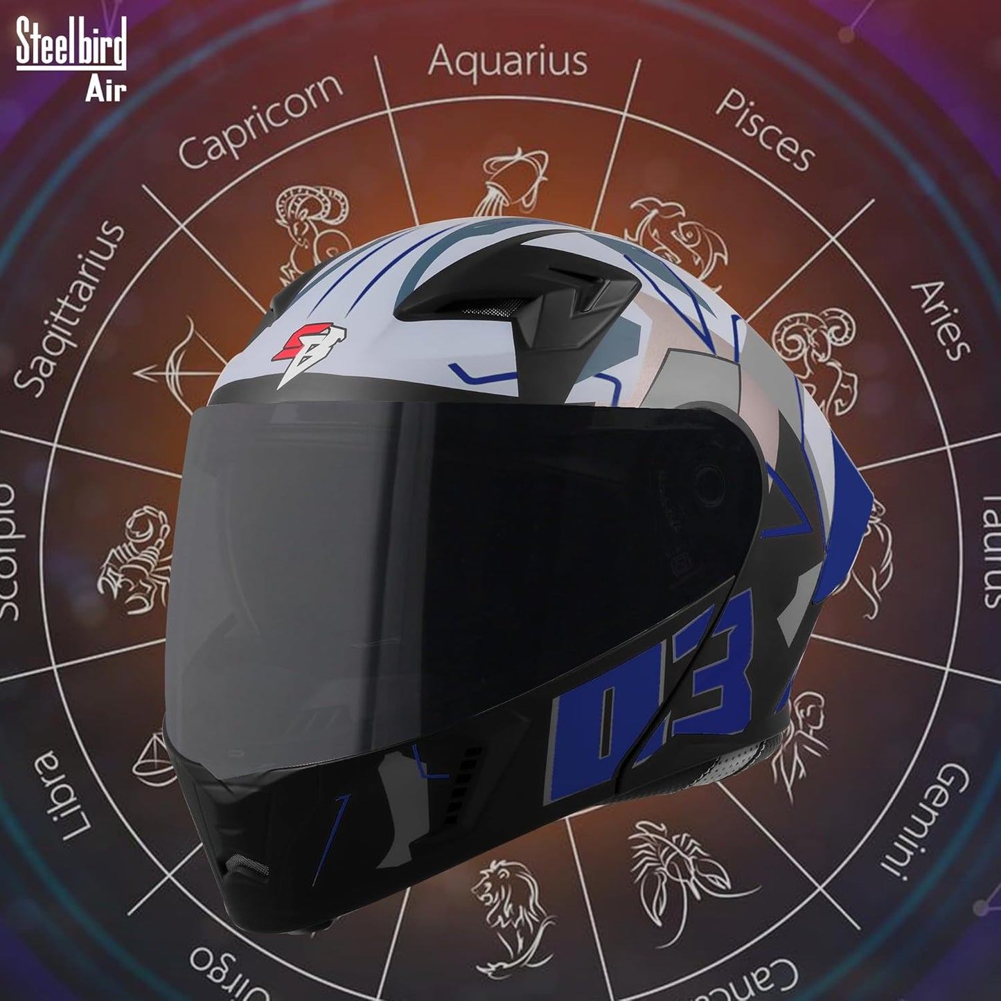 Steelbird SBA-20 03 ISI Certified Flip-Up Graphic Helmet for Men with Inner Chrome Sun Shield (Glossy Black Blue)