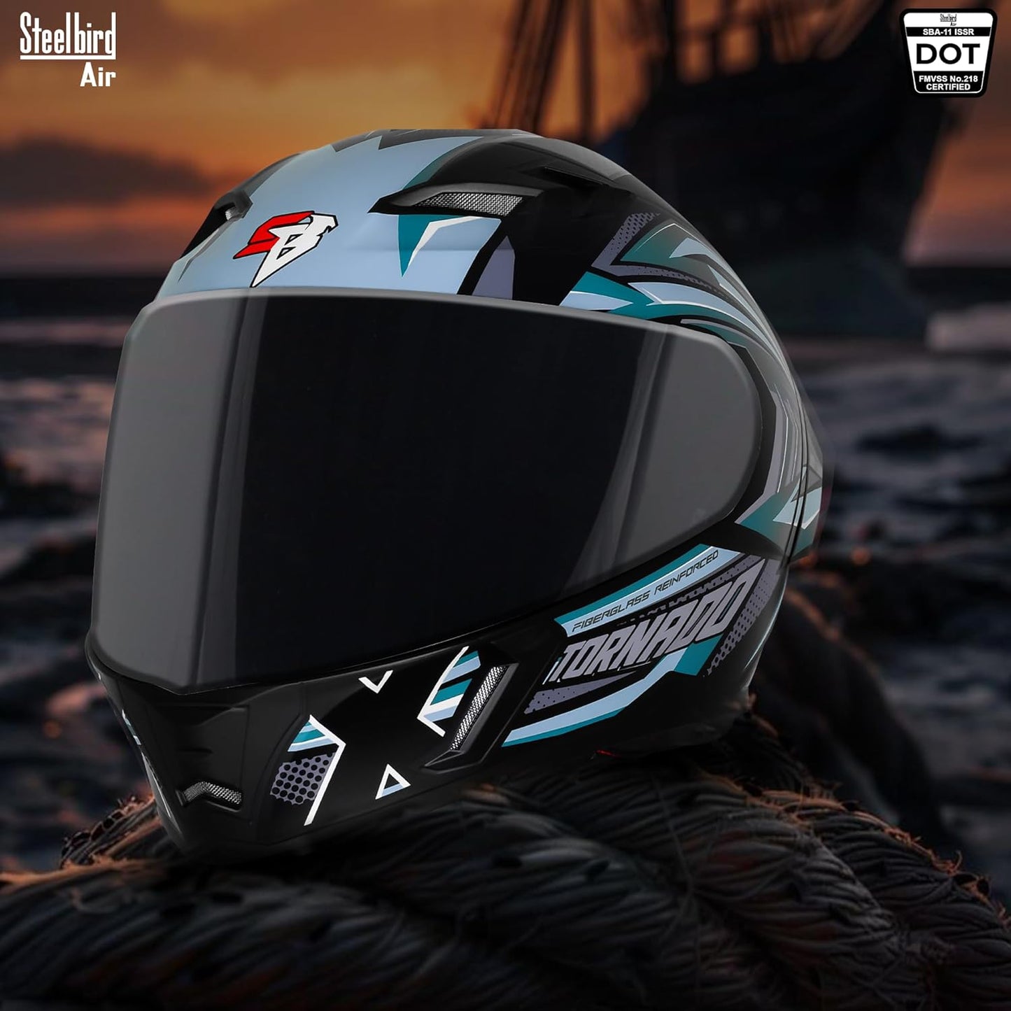Steelbird SBA-11 Tornado Red Reflector ISI and DOT Certified Full Face Helmet for Men and Women with Inner Silver Sun Shield (Glossy Black Sea Green with Smoke Visor)