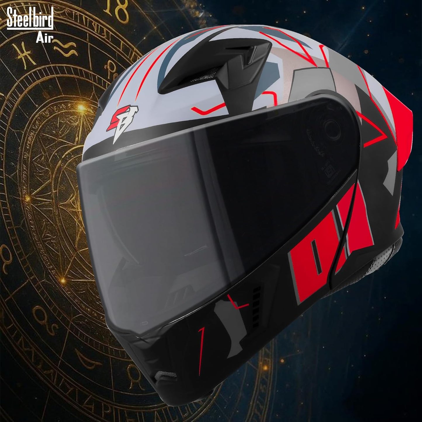 Steelbird SBA-20 01 ISI Certified Flip-Up Graphic Helmet for Men with Inner Chrome Sun Shield (Glossy Black Red)