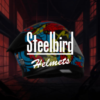 Steelbird SBH-57 Fighter F10 Graphic Helmet ISI and DOT Certified Full Face Helmet for Men with Inner Silver Sun Shield (Glossy Black Neon Red)