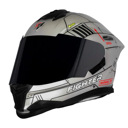 Steelbird SBH-57 Fighter F6 ISI and DOT Certified Full Face Helmet for Men and Women with Inner Silver Sun Shield (Glossy Grey Black)