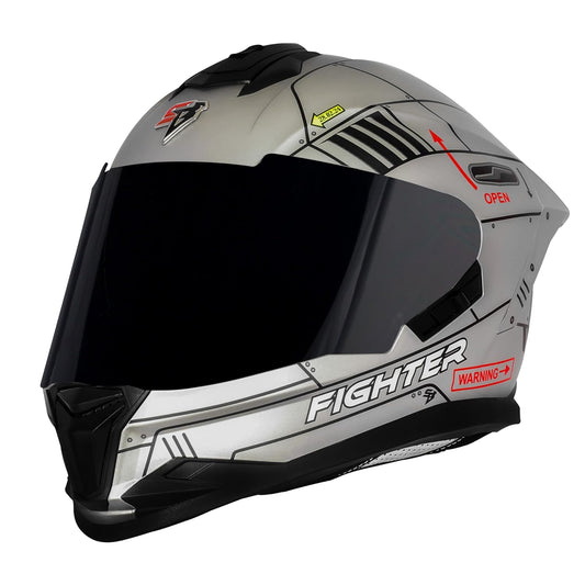 Steelbird SBH-57 Fighter F6 ISI and DOT Certified Full Face Helmet for Men and Women with Inner Silver Sun Shield (Glossy Grey Black)