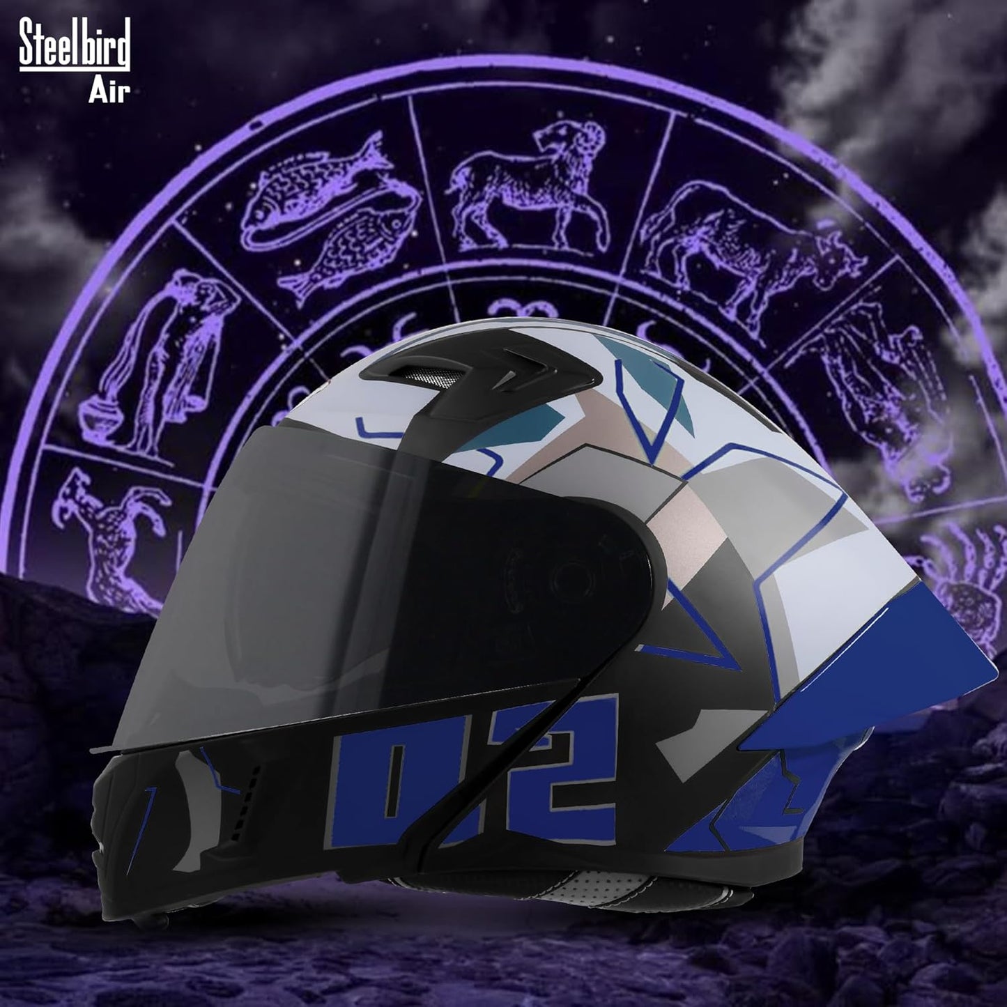 Steelbird SBA-20 02 ISI Certified Flip-Up Graphic Helmet for Men with Inner Chrome Sun Shield (Glossy Black Blue)