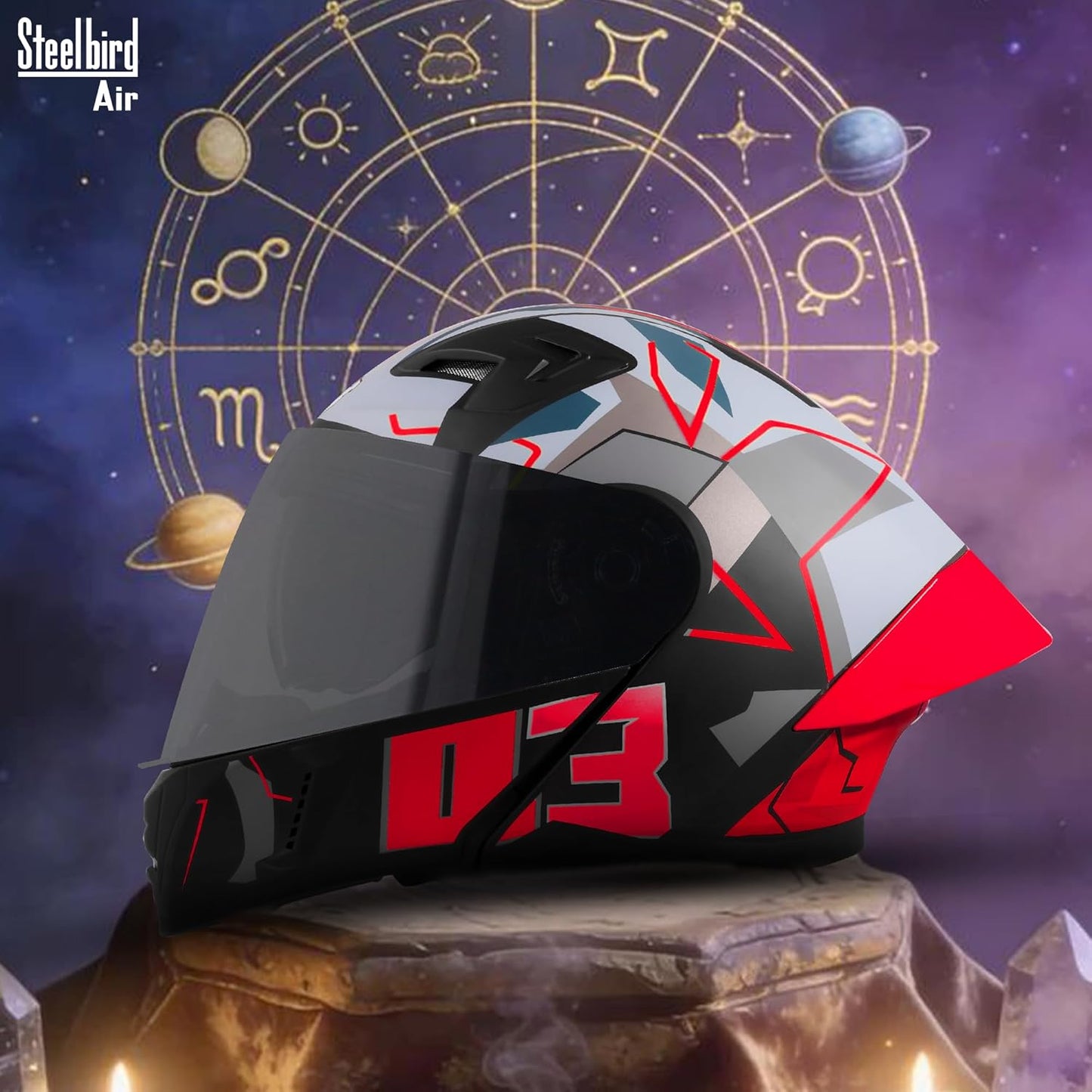 Steelbird SBA-20 03 ISI Certified Flip-Up Graphic Helmet for Men with Inner Chrome Sun Shield (Glossy Black Red)