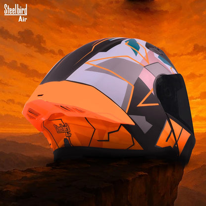 Steelbird SBA-20 01 ISI Certified Flip-Up Graphic Helmet for Men with Inner Chrome Sun Shield (Glossy Black Orange)