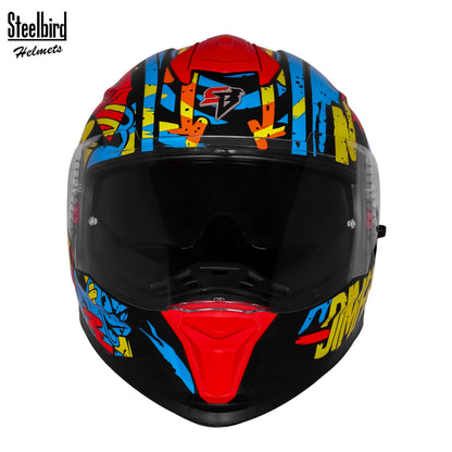 Steelbird SBH-57 Fighter F10 Graphic Helmet ISI and DOT Certified Full Face Helmet for Men with Inner Silver Sun Shield (Glossy Black Neon Red)