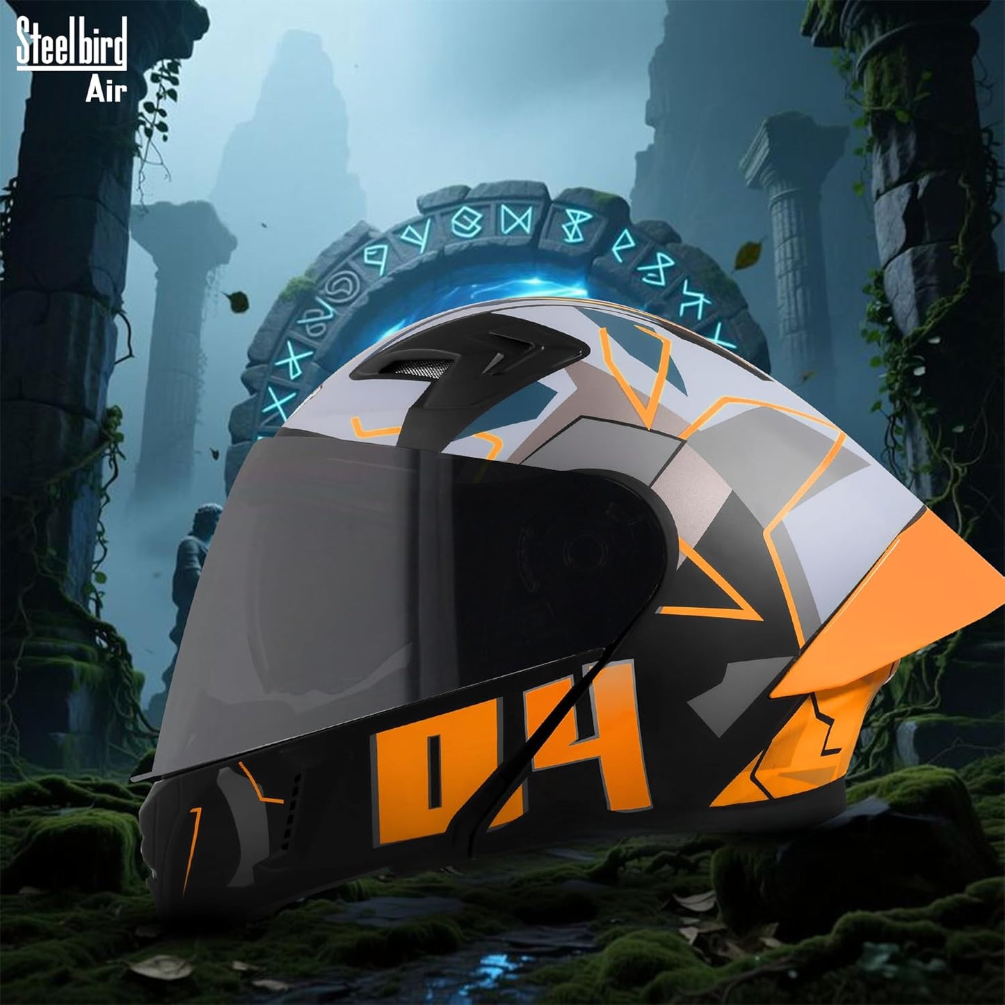 Steelbird SBA-20 04 ISI Certified Flip-Up Graphic Helmet for Men with Inner Chrome Sun Shield (Glossy Black Orange)