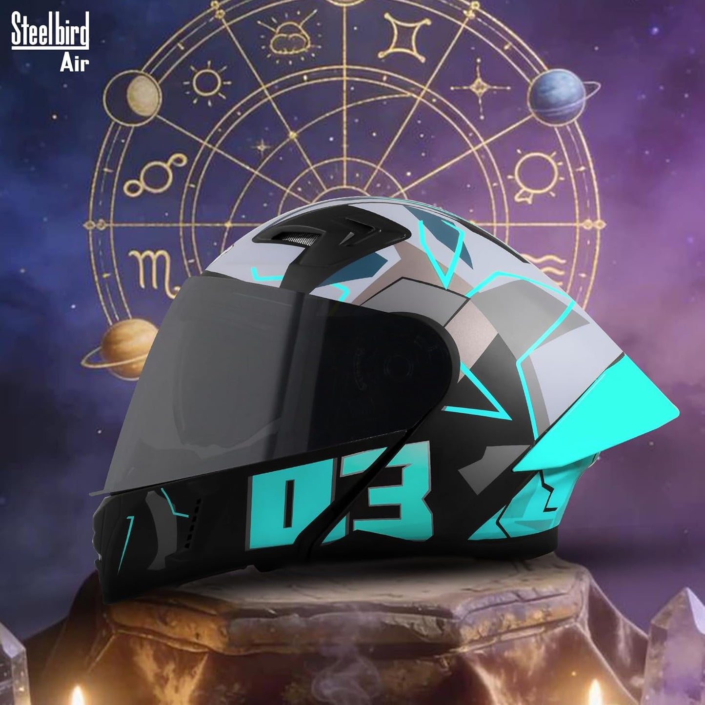 Steelbird SBA-20 03 ISI Certified Flip-Up Graphic Helmet for Men with Inner Chrome Sun Shield (Glossy Black Cyan Green)