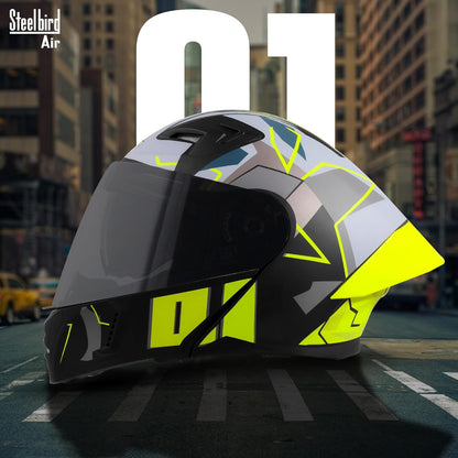 Steelbird SBA-20 01 ISI Certified Flip-Up Graphic Helmet for Men with Inner Chrome Sun Shield (Glossy Black Neon)