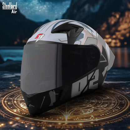 Steelbird SBA-20 02 ISI Certified Flip-Up Graphic Helmet for Men with Inner Chrome Sun Shield (Glossy Black Grey)
