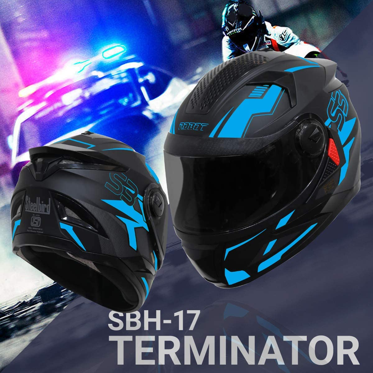 Steelbird SBH-17 Terminator ISI Certified Full Face Graphic Helmet for Men and Women (Matt Black Fluo Blue with Chrome Rainbow Visor)