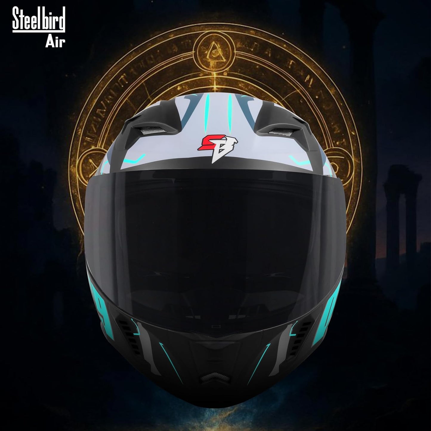 Steelbird SBA-20 08 ISI Certified Flip-Up Graphic Helmet for Men with Inner Chrome Sun Shield (Glossy Black Cyan Green)