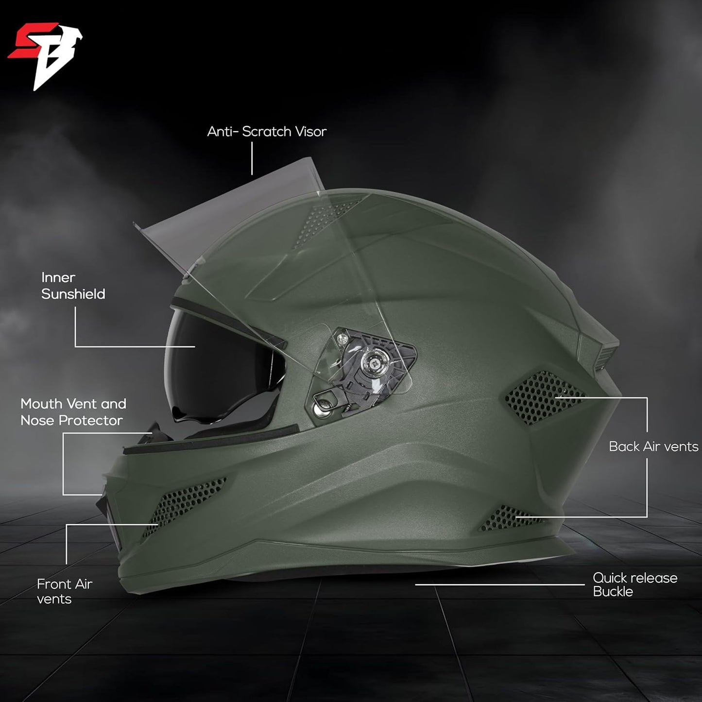 Steelbird SBH-25 Rudra ISI Certified Full Face Helmet for Men and Women with Inner Smoke Sun Shield (Dashing Battle Green)