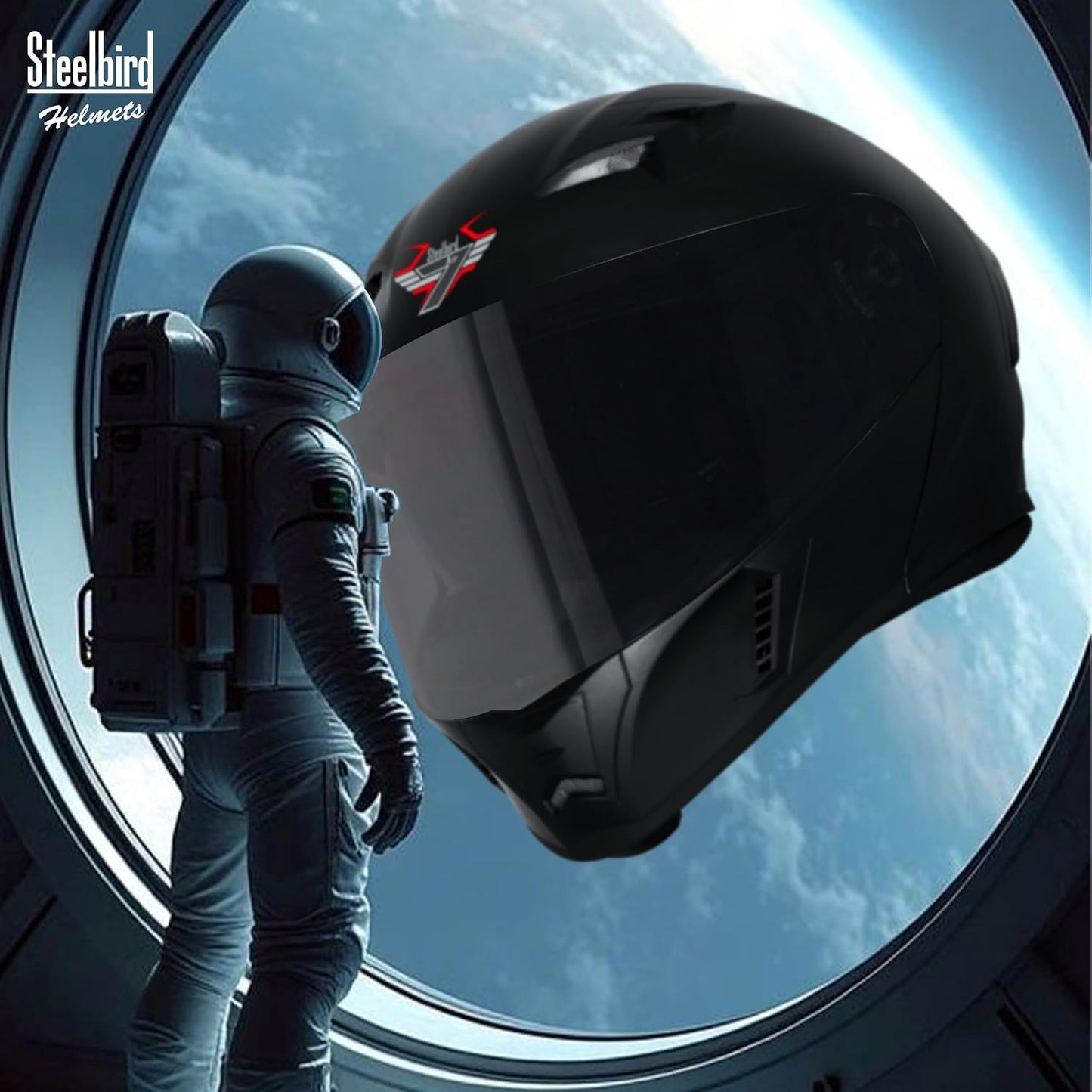 Steelbird SBA-15 7Wings Red Reflector ISI Certified Flip-Up Helmet for Men and Women with Inner Smoke Sun Shield (Dashing Black with Smoke Visor)