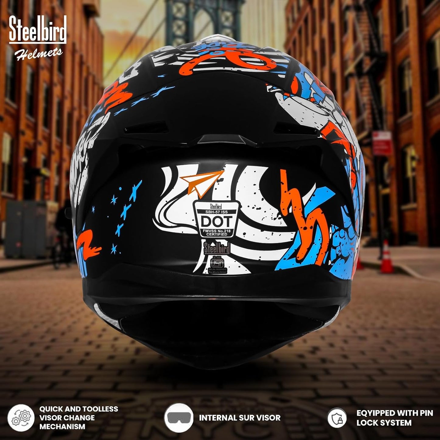 Steelbird SBH-57 Fighter F10 Graphic Helmet ISI and DOT Certified Full Face Helmet for Men with Inner Silver Sun Shield (Glossy Black Blue Orange)
