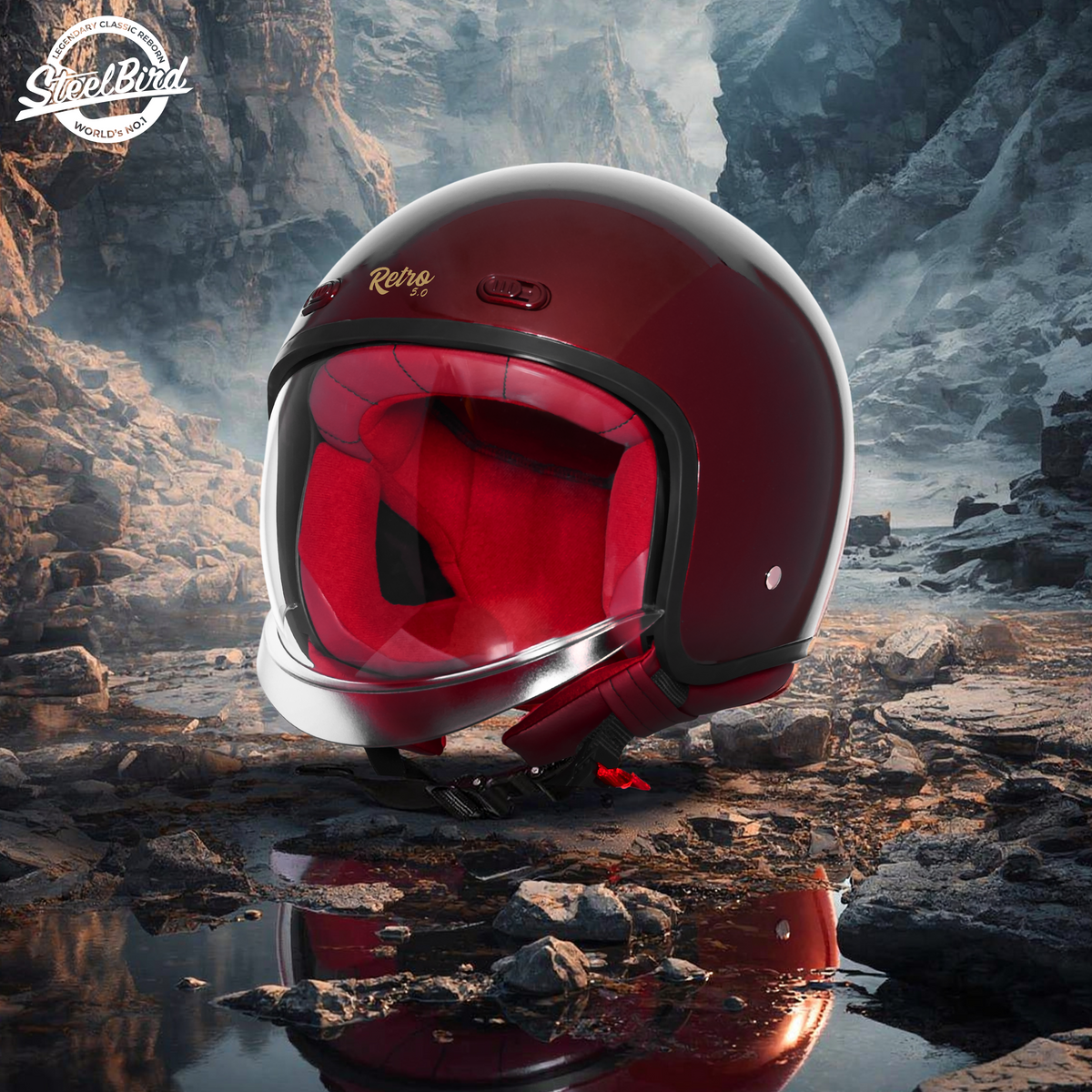 Steelbird SBH-67 Retro 5.0 ISI and DOT Certified Open Face Helmet for Men and Women (Glossy Rivera Red)