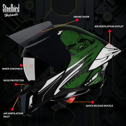 Steelbird SBA-20 Strange ISI Certified Flip-Up Graphic Helmet for Men and Women with Inner Silver Sun Shield (Glossy Black Battle Green with Smoke Visor)