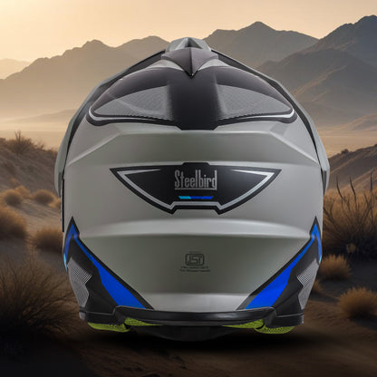 Steelbird Racer Off Road ISI Certified Motocross Double Visor Full Face Graphic Helmet Outer Clear Visor and Inner Silver Sun Shield (Glossy Grey Blue)