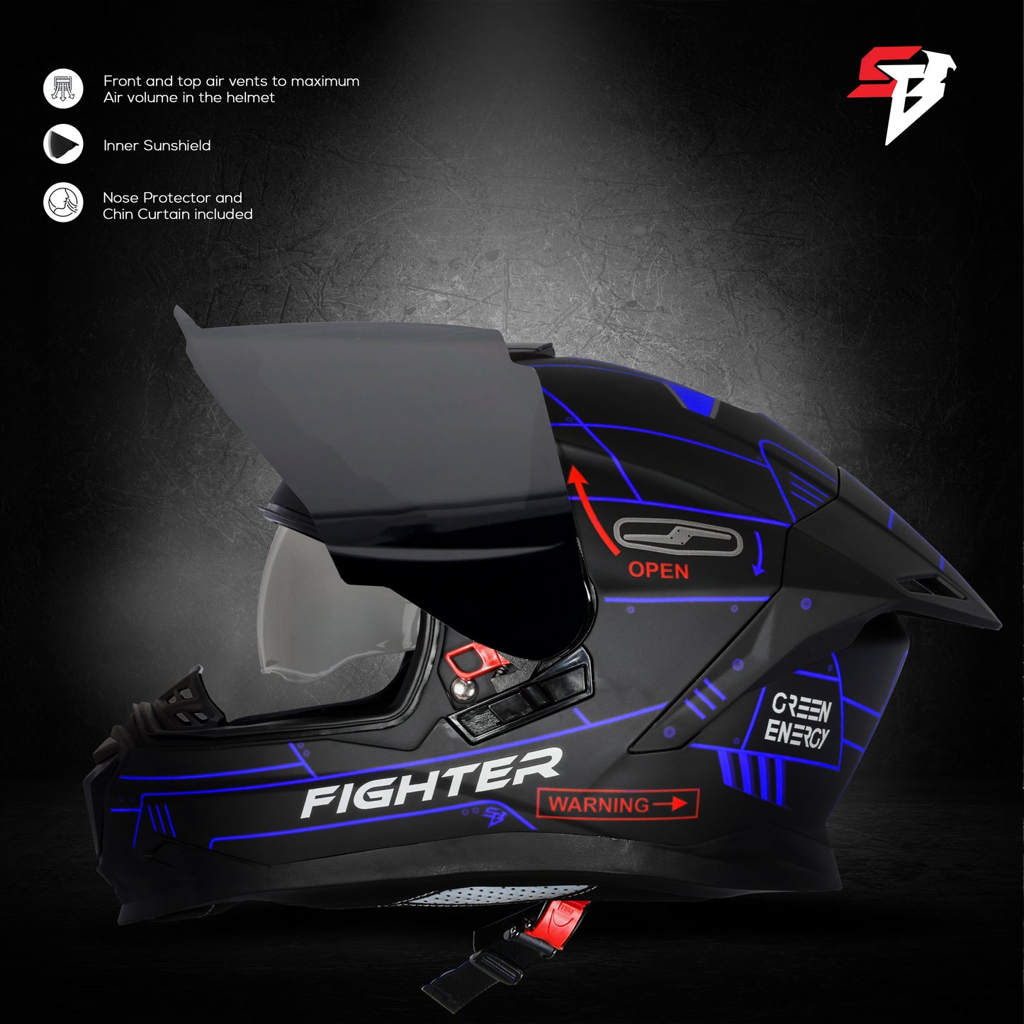 Steelbird SBH-57 Fighter F6 ISI and DOT Certified Full Face Graphic Helmet for Men and Women with Inner Silver Sun Shield (Glossy Black Blue)