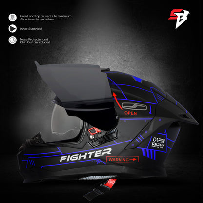 Steelbird SBH-57 Fighter F6 ISI and DOT Certified Full Face Graphic Helmet for Men and Women with Inner Silver Sun Shield (Glossy Black Blue)