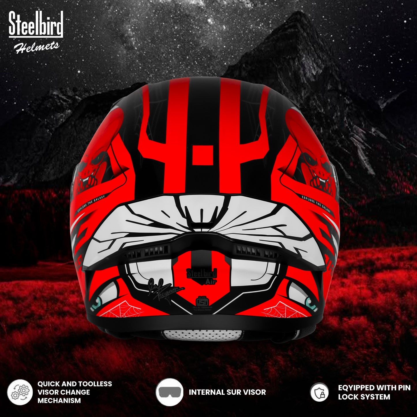 Steelbird SBA-20 Strange ISI Certified Flip-Up Graphic Helmet for Men and Women (Glossy Black Red)