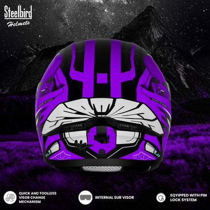 Steelbird SBA-20 Strange ISI Certified Flip-Up Graphic Helmet for Men and Women (Glossy Black Purple)