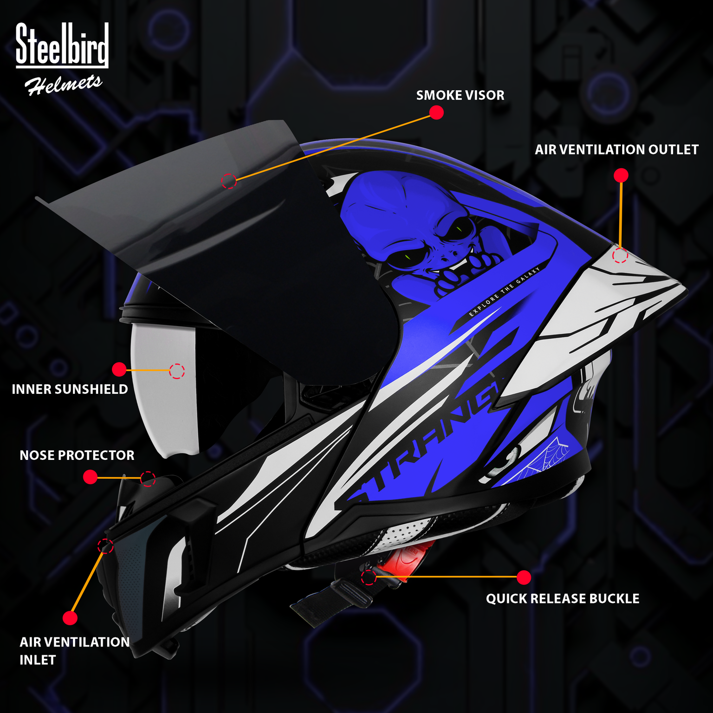 Steelbird SBA-20 Strange ISI Certified Flip-Up Graphic Helmet for Men and Women with Inner Silver Sun Shield (Glossy Black Blue with Smoke Visor)