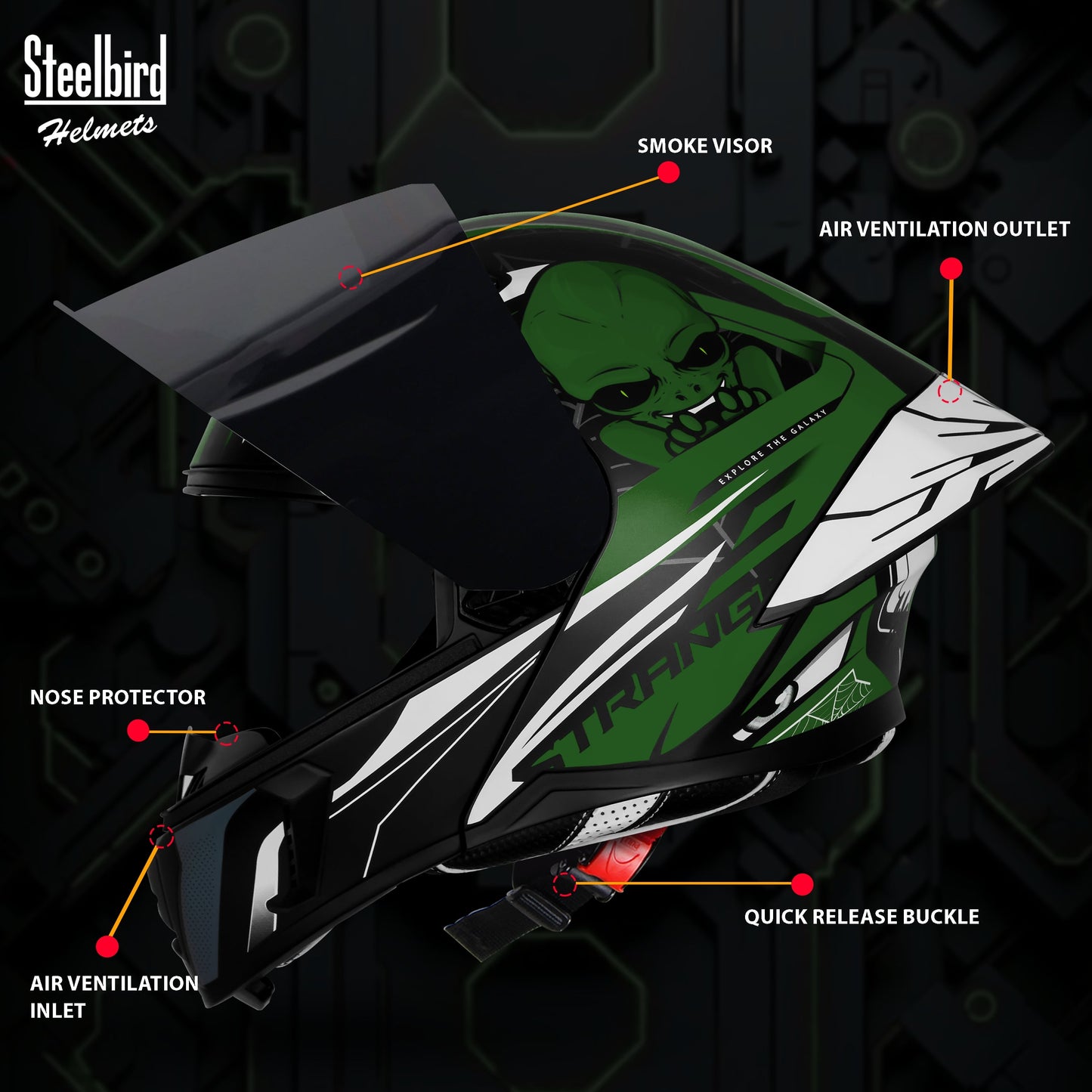 Steelbird SBA-20 Strange ISI Certified Flip-Up Graphic Helmet for Men and Women (Glossy Black Battle Green with Smoke Visor)