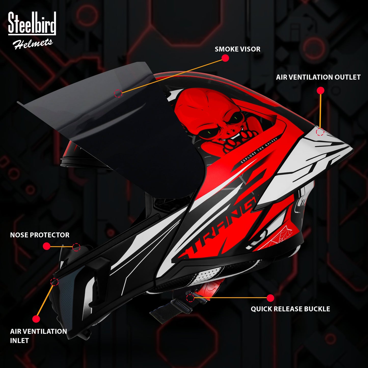 Steelbird SBA-20 Strange ISI Certified Flip-Up Graphic Helmet for Men and Women (Glossy Black Red with Smoke Visor)
