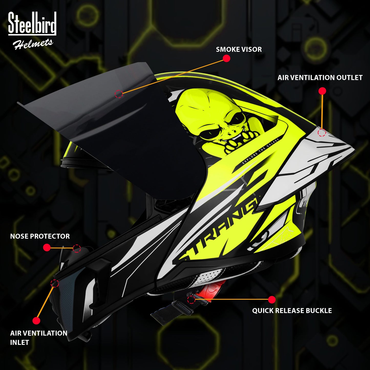 Steelbird SBA-20 Strange ISI Certified Flip-Up Graphic Helmet for Men and Women (Glossy Black Neon with Smoke Visor)