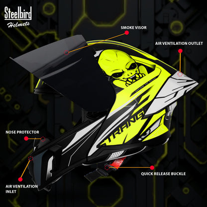 Steelbird SBA-20 Strange ISI Certified Flip-Up Graphic Helmet for Men and Women (Glossy Black Neon with Smoke Visor)
