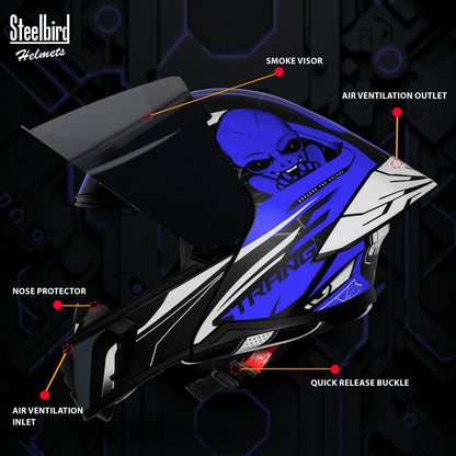 Steelbird SBA-20 Strange ISI Certified Flip-Up Graphic Helmet for Men and Women (Glossy Black Blue with Smoke Visor)