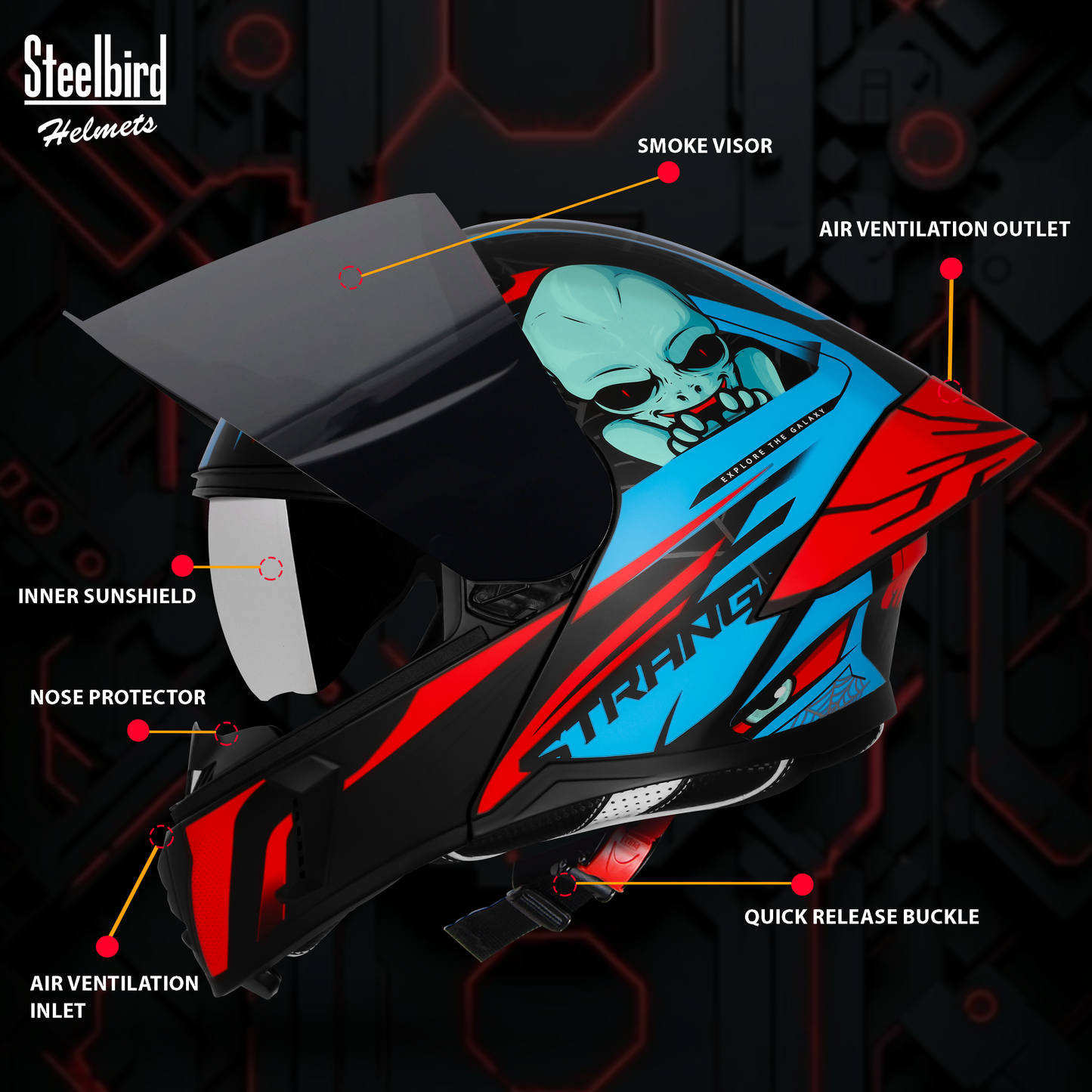 Steelbird SBA-20 Strange ISI Certified Flip-Up Graphic Helmet for Men and Women with Inner Silver Sun Shield (Glossy Black Cyan Green with Smoke Visor)